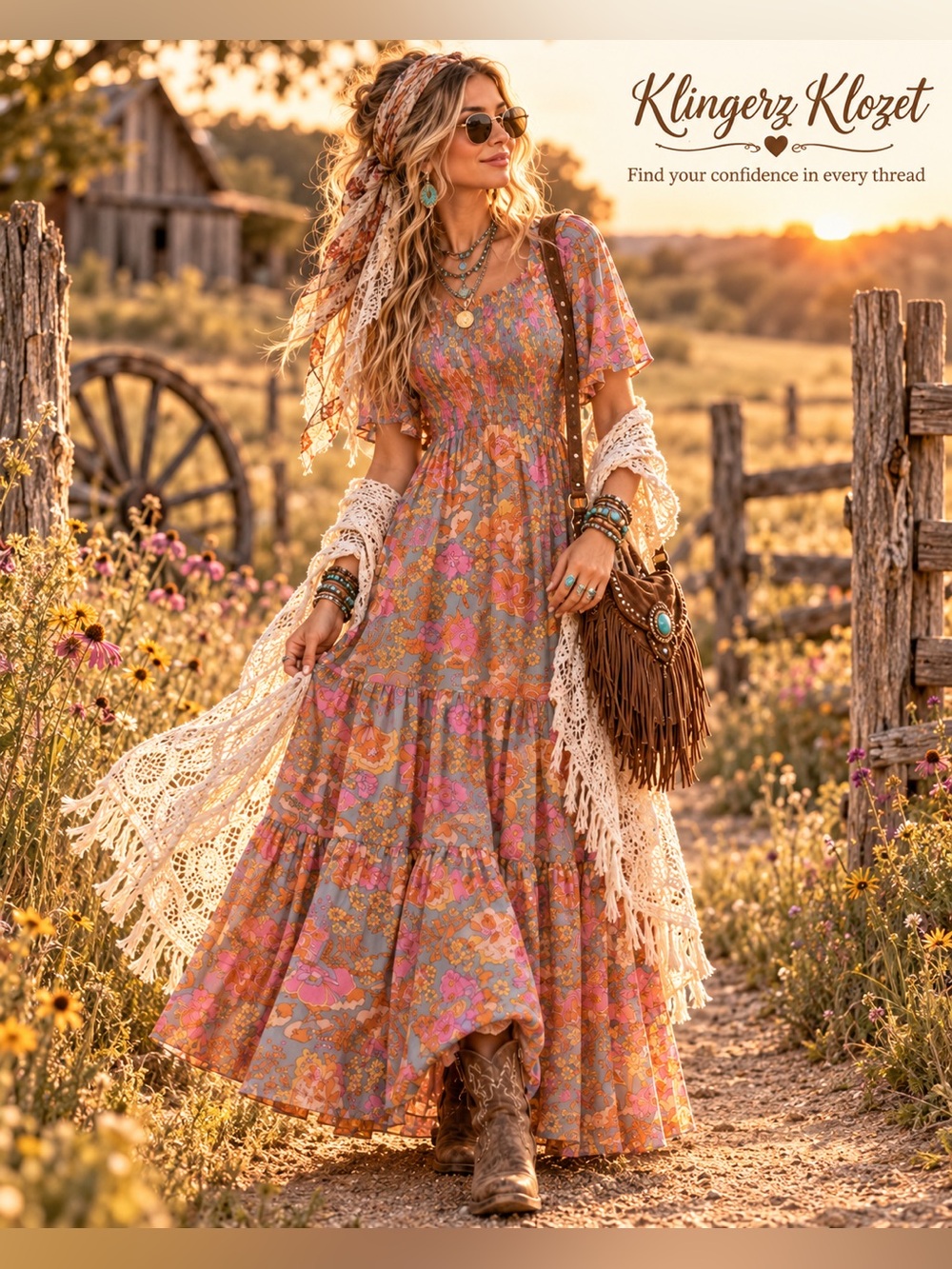 Zesica Floral Smocked Tiered Maxi Dress Boho Prairie L